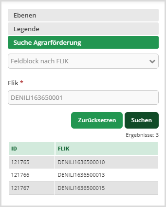Die Suche bietet die Möglichkeit, die Karteninhalte nach bestimmten Kriterien zu durchsuchen und das Kartenfenster auf den zugehörigen Ausschnitt zu positionieren. Der Screenshot zeigt eine Suchoption zur Suche nach einem Feldblock.