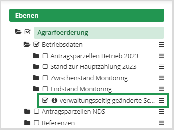 Das Bild zeigt das Inhaltsverzeichnis der Kartenanwendung Schlaginfo Portal, über das die Inhalte gesteuert werden können, die in der Karte angezeigt werden sollen. Die markierte Kartenebene enthält verwaltungsseitig geänderte Schläge.