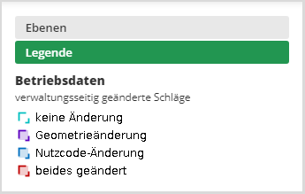 Das Bild zeigt die Kartenlegende der Kartenanwendung Schlaginfo Portal. Die Legende stellt dar, welche Symbole und Farben für welchen Karteninhalt stehen. Die Symbole der Kartenebene mit den verwaltungsseitig geänderten Schlägen werden dargestellt.