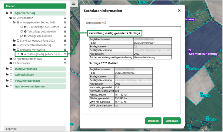 Das Bild zeigt ein Sachdateninfo-Fenster der Kartenanwendung Schlaginfo Portal mit Sachdaten, die sich auf eine Kartenebene beziehen, die über das Inhaltsverzeichnis aktiviert wurde. Die Sachdaten beziehen sich auf eine Kartenebene mit Schlägen.