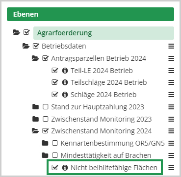 Das Bild zeigt das Inhaltsverzeichnis der Kartenanwendung Schlaginfo Portal, über das die Inhalte gesteuert werden können, die in der Karte angezeigt werden sollen. Die relevante Kartenebene enthält nicht beihilfefähige Flächen.