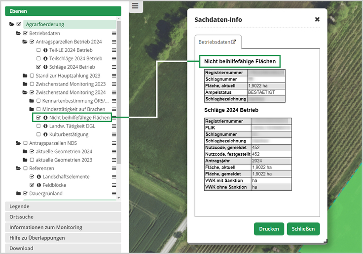 Das Bild zeigt ein Sachdateninfo-Fenster der Kartenanwendung Schlaginfo Portal mit Sachdaten, die sich auf eine Kartenebene beziehen, die über das Inhaltsverzeichnis aktiviert wurde.