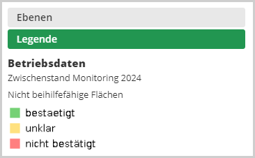 Das Bild zeigt die Kartenlegende der Kartenanwendung Schlaginfo Portal. Die Legende stellt dar, welche Symbole und Farben für welchen Karteninhalt stehen.