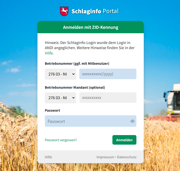 Das Bild zeigt die Login-Seite der Kartenanwendung Schlaginfo Portal. Die Seite enthält Formularfelder, in die Daten wie die Betriebsnummer und das Passwort eingetragen werden sollen.