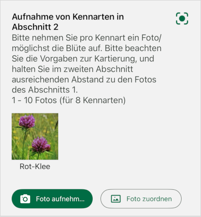 Die Abbildung zeigt einen Screenshot der App FANi zur Aufnahme von Kennarten in einem Abschnitt