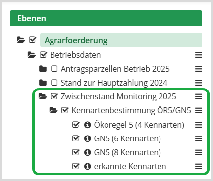 Das Bild zeigt das Inhaltsverzeichnis der Kartenanwendung Schlaginfo Portal. Über das Inhaltsverzeichnis können Kartenebenen aktiviert werden.