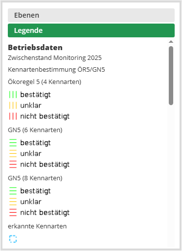 Das Bild zeigt die Kartenlegende der Kartenanwendung Schlaginfo Portal. Die Legende stellt dar, welche Symbole und Farben für welchen Karteninhalt stehen.