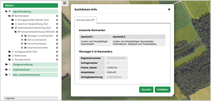 Das Bild zeigt ein Sachdateninfo-Fenster der Kartenanwendung Schlaginfo Portal mit Sachdaten, die sich auf eine Kartenebene beziehen, die über das Inhaltsverzeichnis aktiviert wurde