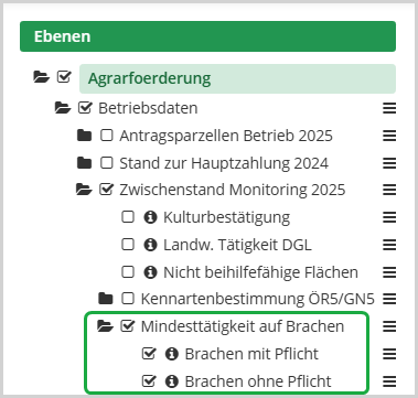 Das Bild zeigt den Ebenenbaum der Kartenanwendung Schlaginfo Portal mit Kartenebenen, die über den Ebenenbaum aktiviert werden können