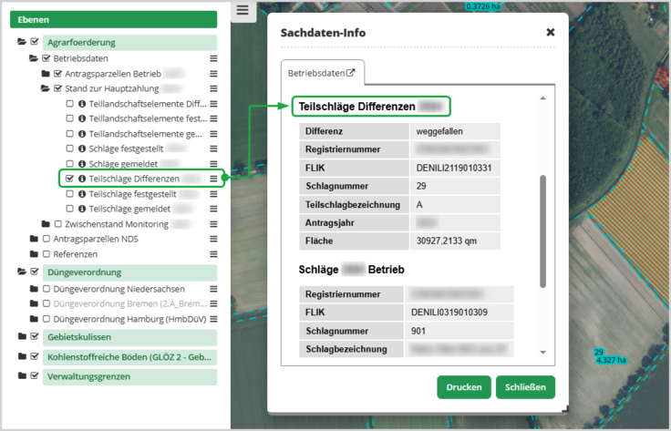 Das Bild zeigt ein Sachdateninfo-Fenster der Kartenanwendung Schlaginfo Portal mit Sachdaten, die sich auf eine Kartenebene beziehen, die über das Inhaltsverzeichnis aktiviert wurde