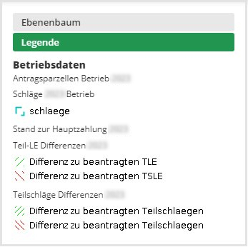 Das Bild zeigt die Kartenlegende der Kartenanwendung Schlaginfo Portal. Die Legende stellt dar, welche Symbole und Farben für welchen Karteninhalt stehen.