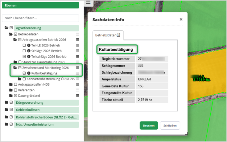 Das Bild zeigt ein Sachdateninfo-Fenster der Kartenanwendung Schlaginfo Portal mit Sachdaten, die sich auf eine Kartenebene beziehen, die über das Inhaltsverzeichnis aktiviert wurde