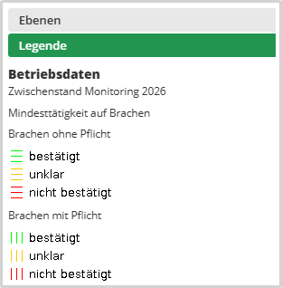 Das Bild zeigt die Kartenlegende der Kartenanwendung Schlaginfo Portal. Die Legende stellt dar, welche Symbole und Farben für welchen Karteninhalt stehen.