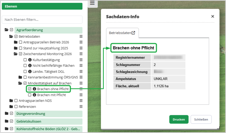 Das Bild zeigt ein Sachdateninfo-Fenster der Kartenanwendung Schlaginfo Portal mit Sachdaten, die sich auf eine Kartenebene beziehen, die über das Inhaltsverzeichnis aktiviert wurde