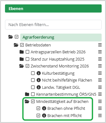 Ebenenbaum der Kartenanwendung Schlaginfo Portal mit Kartenebenen, die aktiviert werden können
