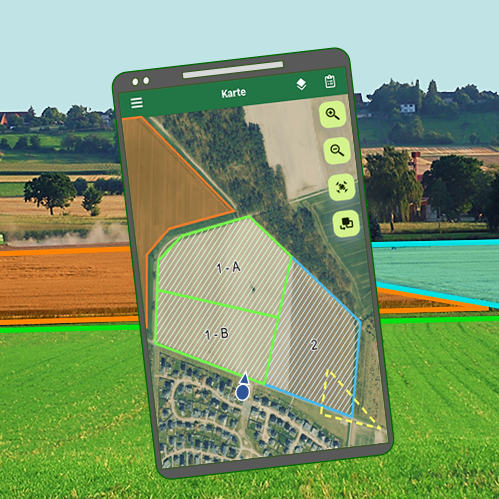 Smartphone zur Foto-Erfassung mit landwirtschaftlich genutzten Feldern im HintergrundFelder
