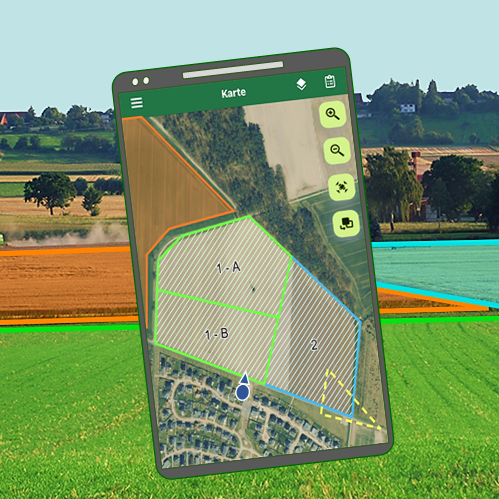 Im Mittelpunkt ein Smartphone mit der App zur Foto-Erfassung. Auf dem Smartphone ist ein Luftbild mit farbig markierten Antragsflächen zu sehen. Im Hintergrund um das Smartphone herum sieht man landwirtschaftliche Flächen mit niedrig stehenden Pflanze