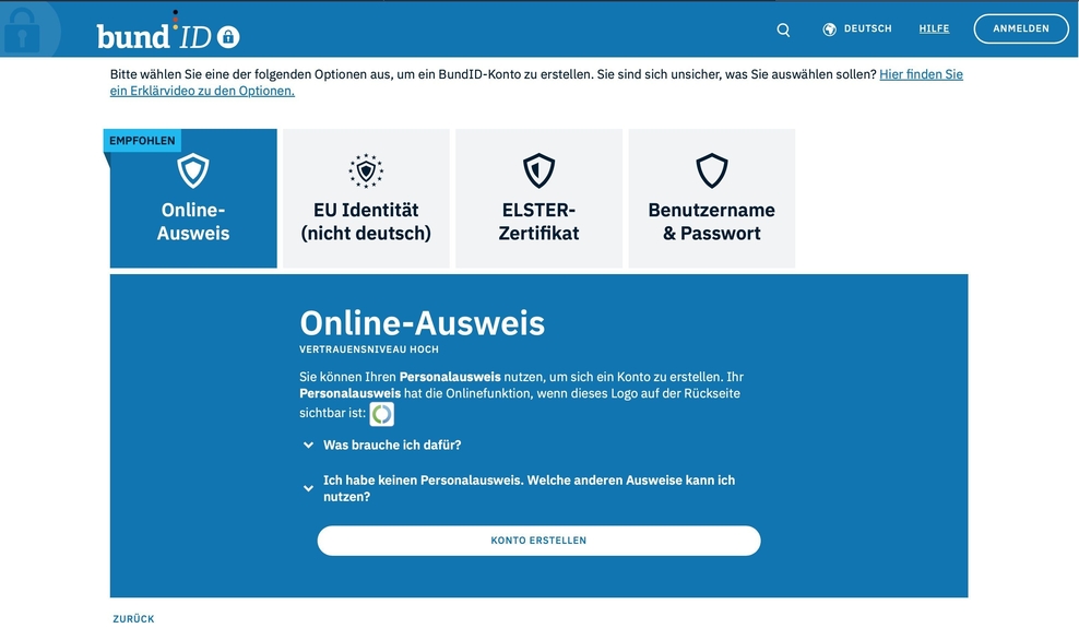 Anmeldeseite der bundID